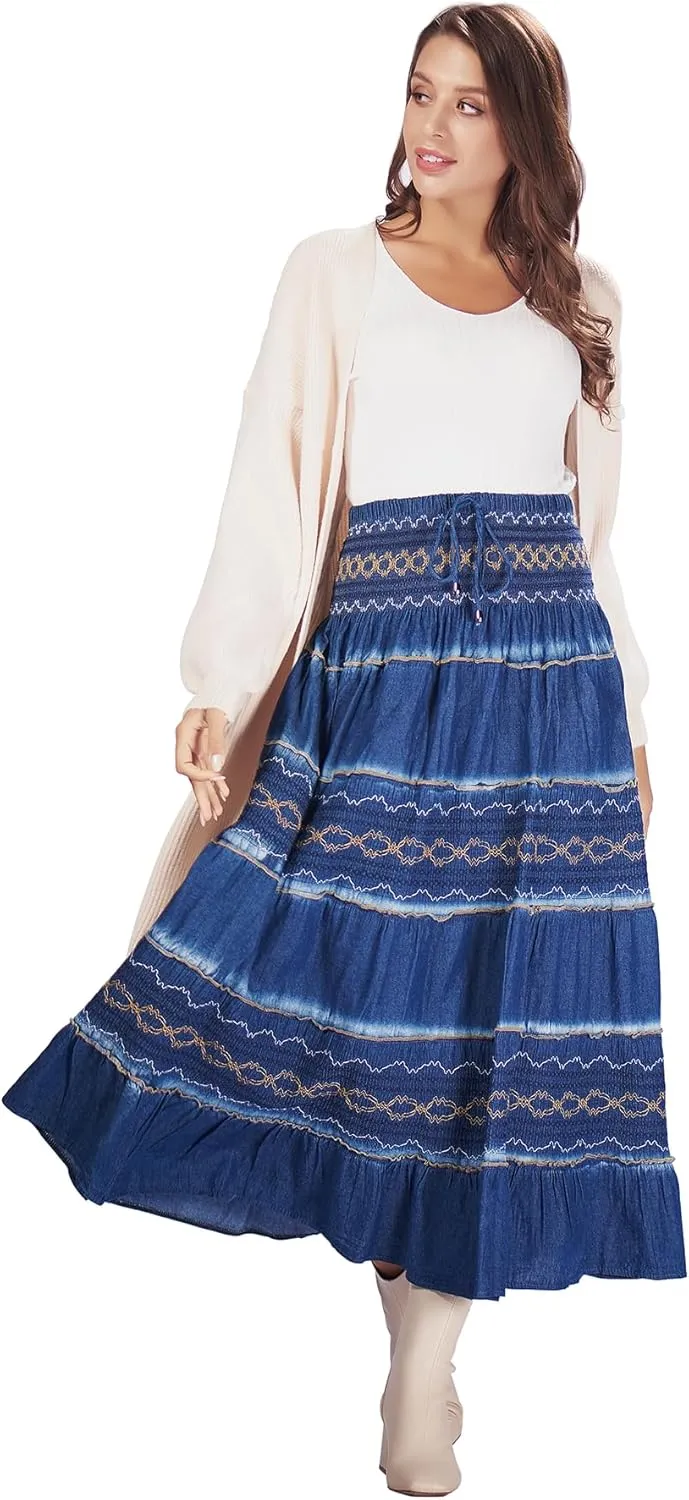 Women's Denim Boho Maxi Skirts Elastic High Waist Ruffle Tied A Line Flowy Long Jeans Skirts