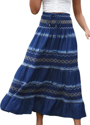 Women's Denim Boho Maxi Skirts Elastic High Waist Ruffle Tied A Line Flowy Long Jeans Skirts