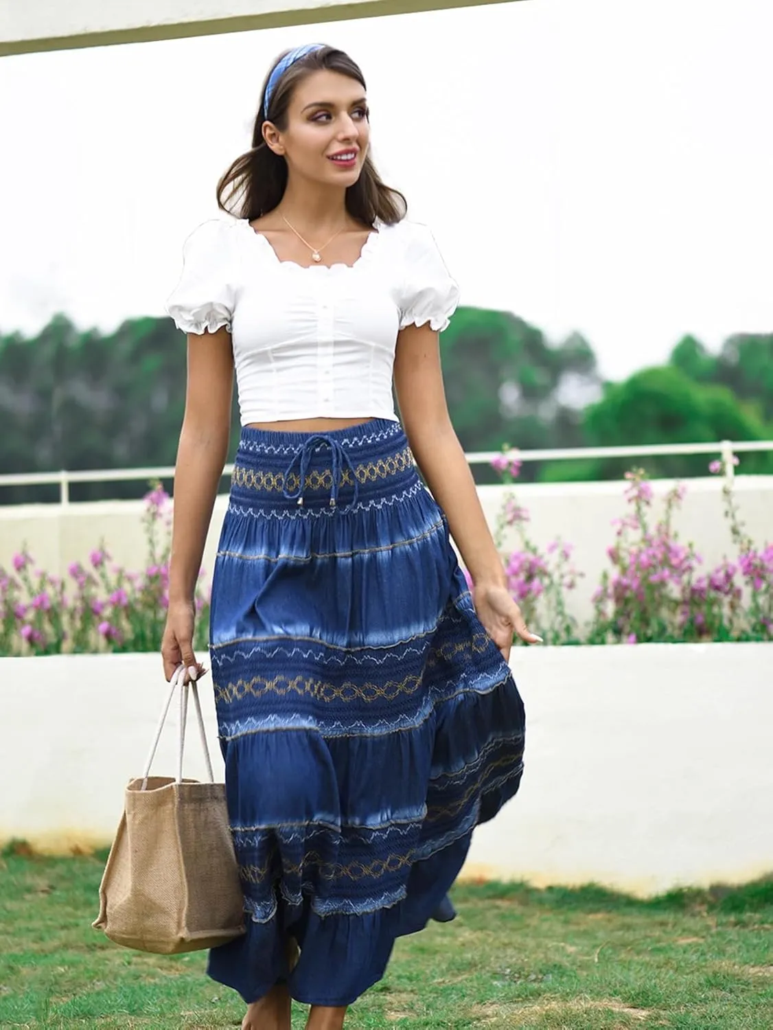 Women's Denim Boho Maxi Skirts Elastic High Waist Ruffle Tied A Line Flowy Long Jeans Skirts
