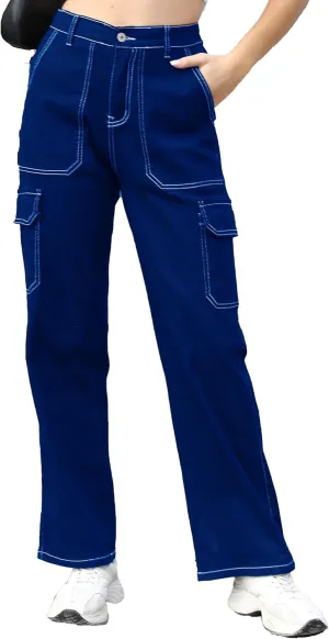 Womens Denim Cargo Pants Flap Pocket High Waisted Stretchy Straight Wide Leg Jeans