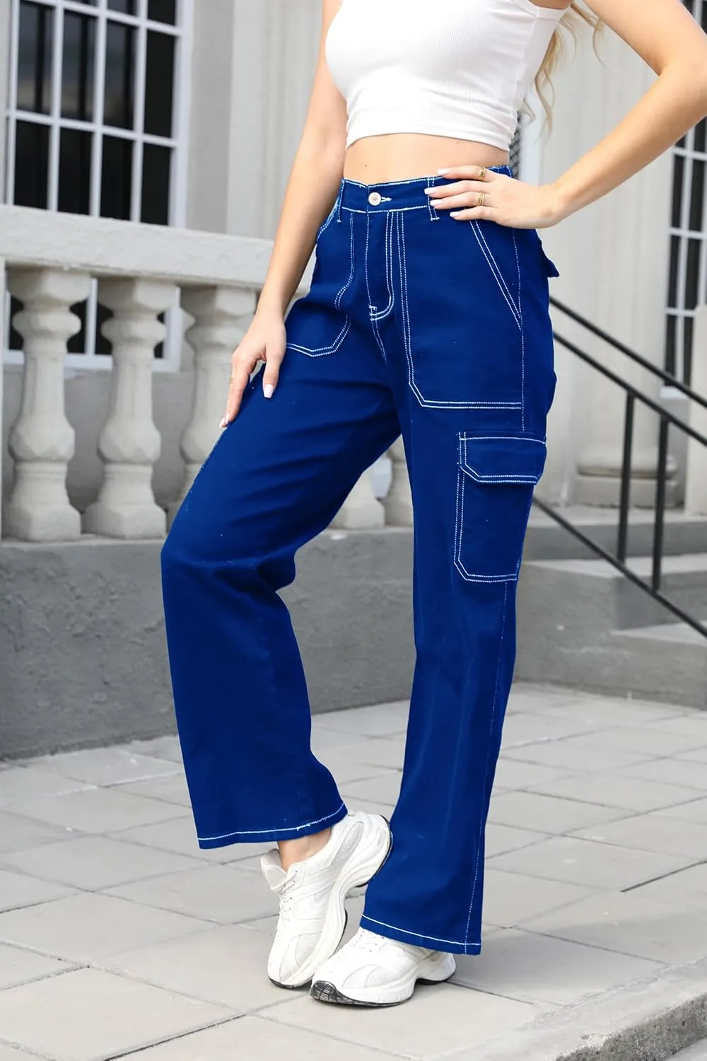 Womens Denim Cargo Pants Flap Pocket High Waisted Stretchy Straight Wide Leg Jeans