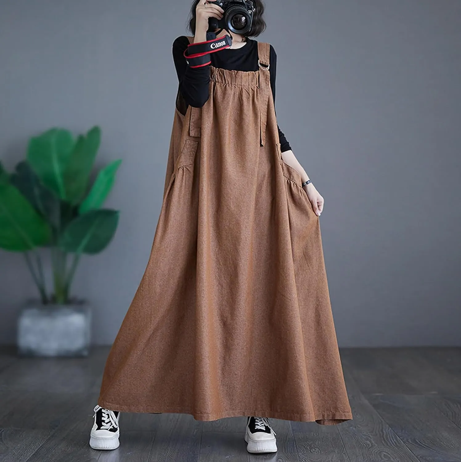 Women's Denim Pullover Casual Loose Sleeveless Adjustable Strap Denim Dress with Pockets and Wide Hem