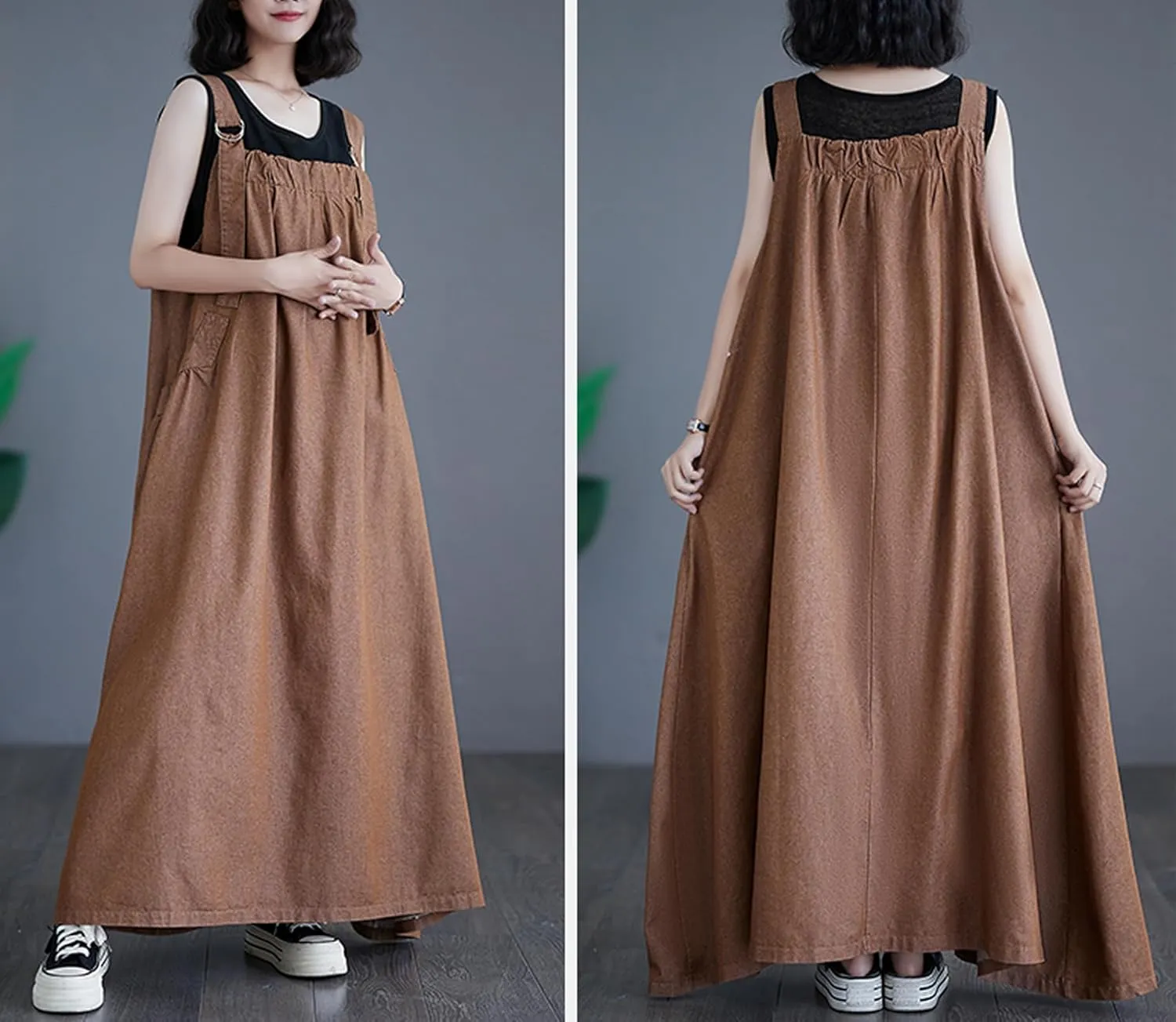 Women's Denim Pullover Casual Loose Sleeveless Adjustable Strap Denim Dress with Pockets and Wide Hem