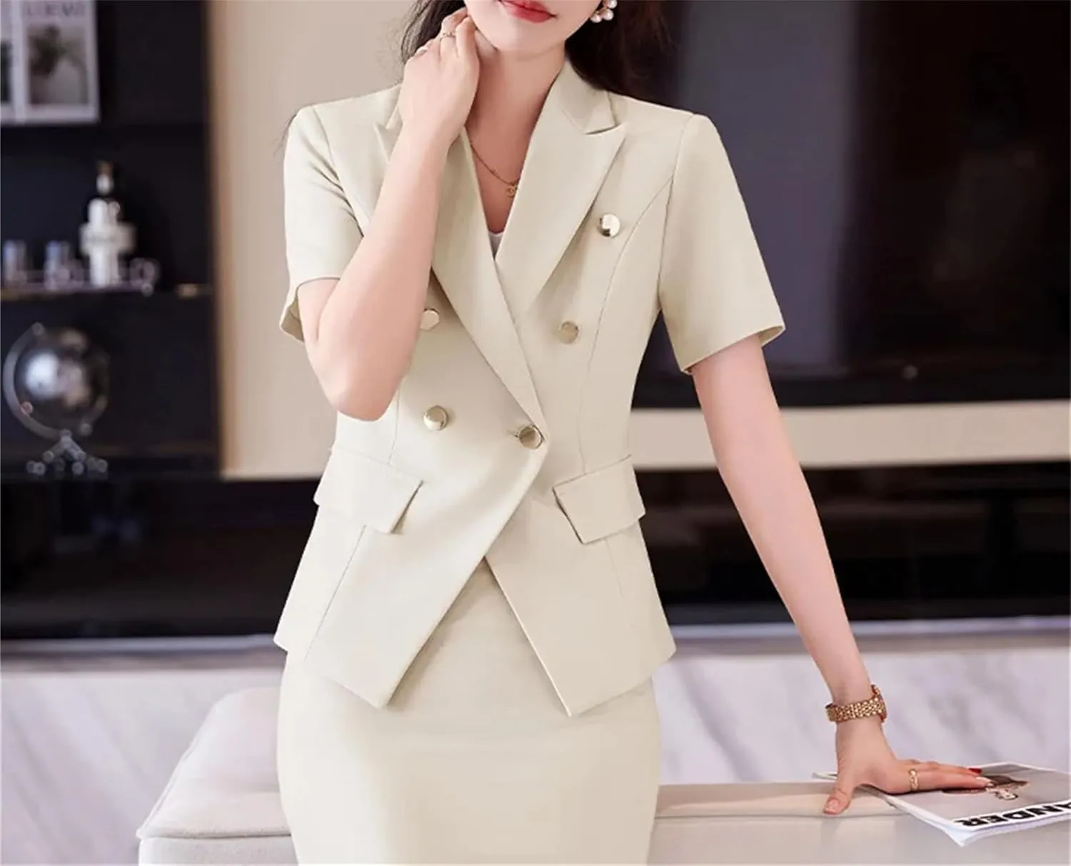 WomenS Double Breasted Blazer with Slim Skirt Set Summer Business Office Wear Stretch Fabric Professional Suit