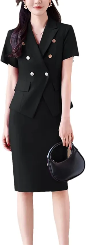 WomenS Double Breasted Blazer with Slim Skirt Set Summer Business Office Wear Stretch Fabric Professional Suit