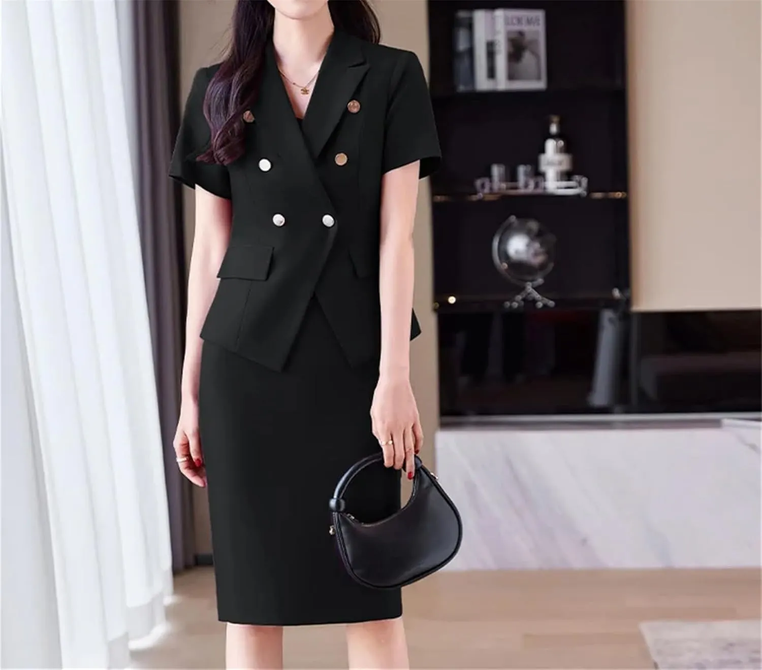 WomenS Double Breasted Blazer with Slim Skirt Set Summer Business Office Wear Stretch Fabric Professional Suit