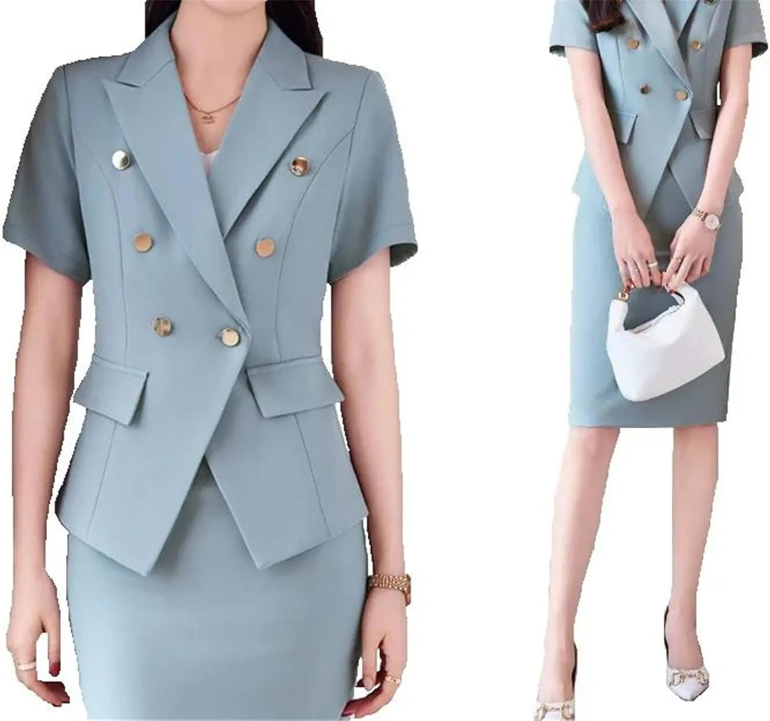 WomenS Double Breasted Blazer with Slim Skirt Set Summer Business Office Wear Stretch Fabric Professional Suit