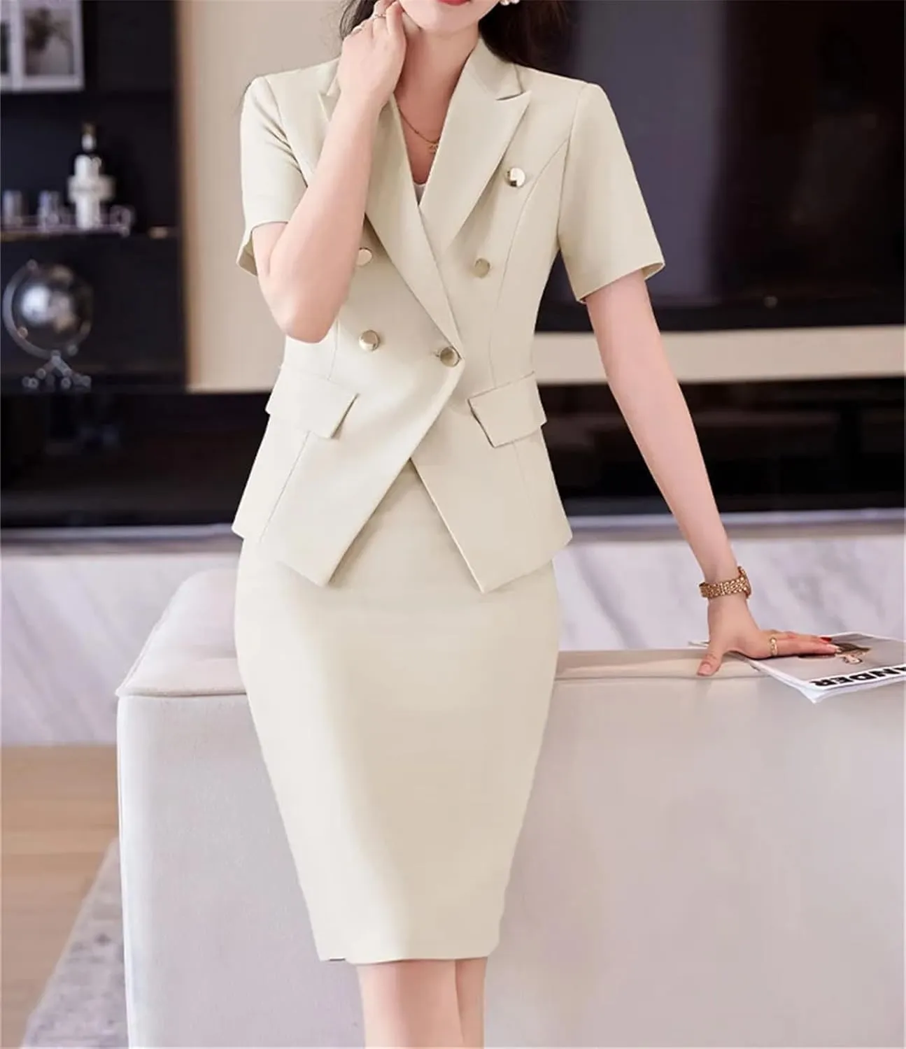 WomenS Double Breasted Blazer with Slim Skirt Set Summer Business Office Wear Stretch Fabric Professional Suit