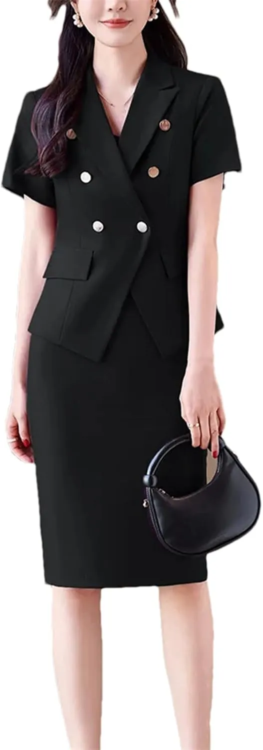 WomenS Double Breasted Blazer with Slim Skirt Set Summer Business Office Wear Stretch Fabric Professional Suit