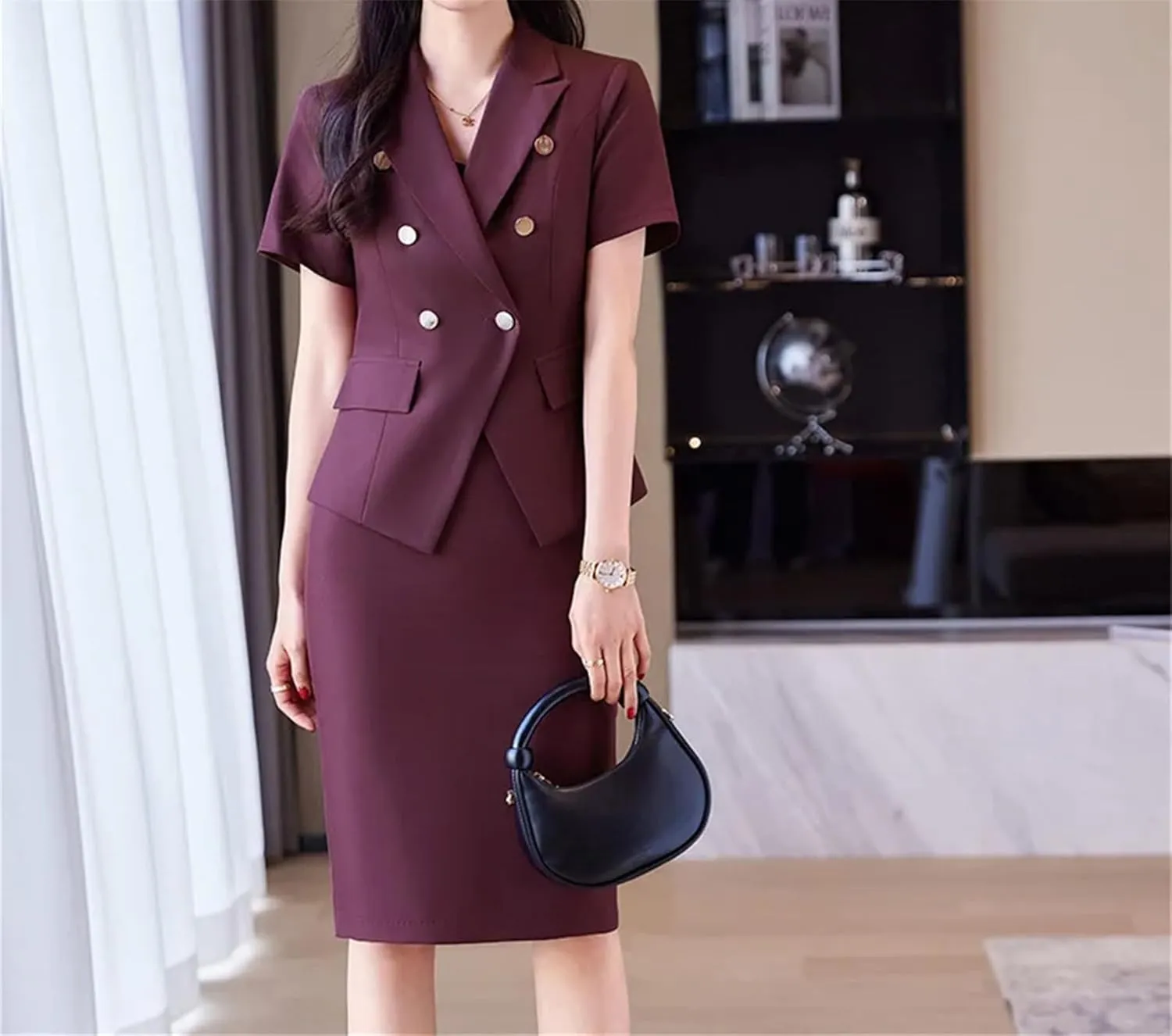 WomenS Double Breasted Blazer with Slim Skirt Set Summer Business Office Wear Stretch Fabric Professional Suit