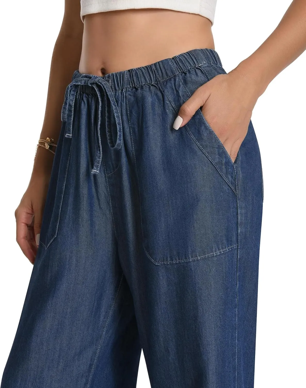 Women's Drawstring High Waisted Wide Leg Jeans Loose Fit Casual Denim Pants