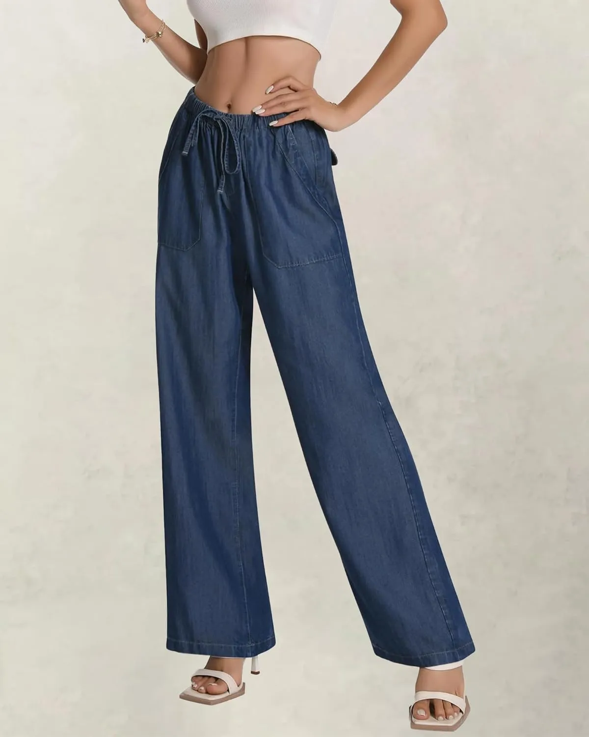 Women's Drawstring High Waisted Wide Leg Jeans Loose Fit Casual Denim Pants