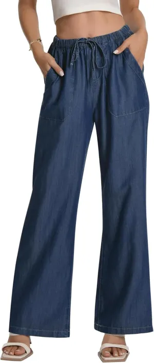 Women's Drawstring High Waisted Wide Leg Jeans Loose Fit Casual Denim Pants