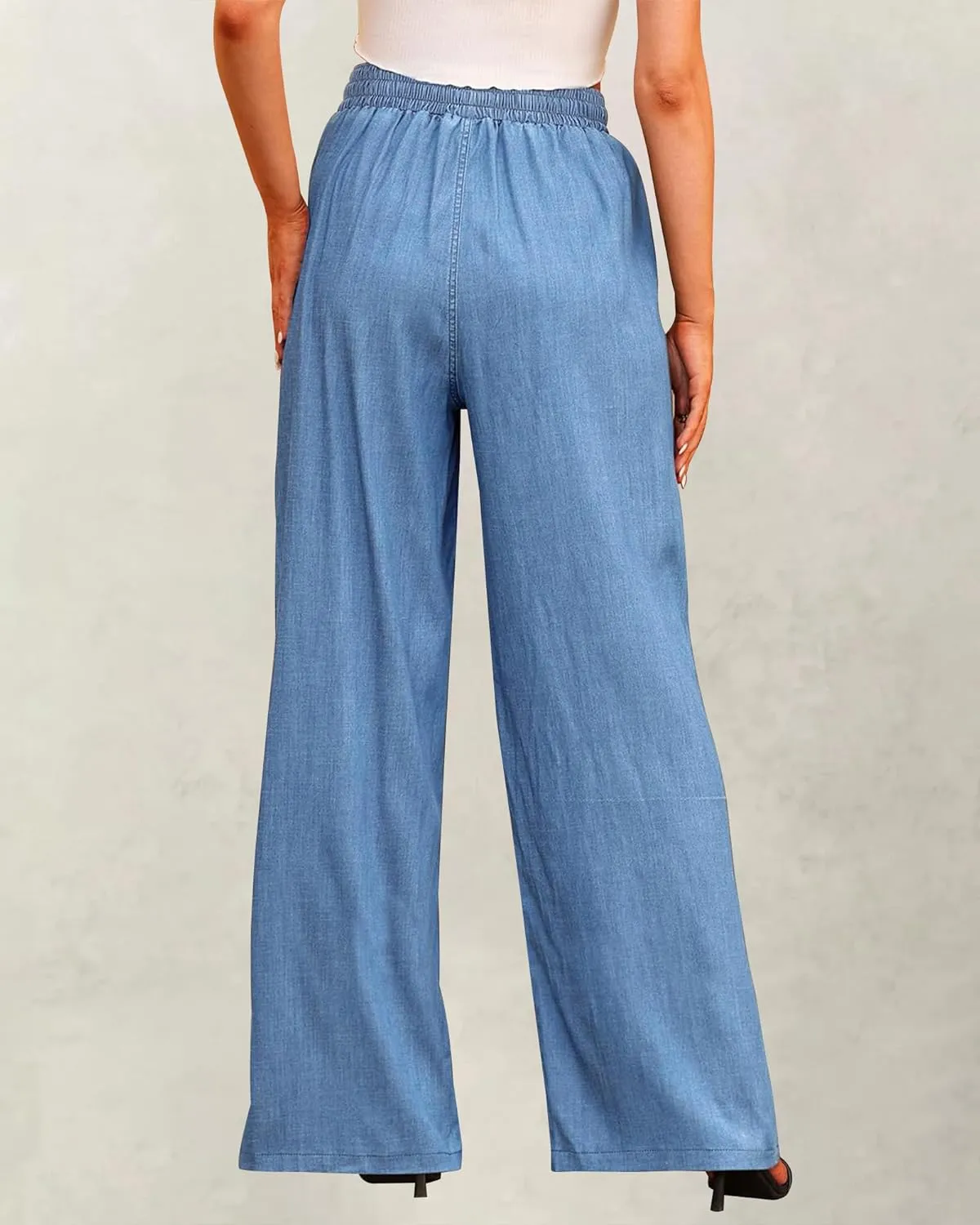 Women's Drawstring High Waisted Wide Leg Jeans Loose Fit Casual Denim Pants