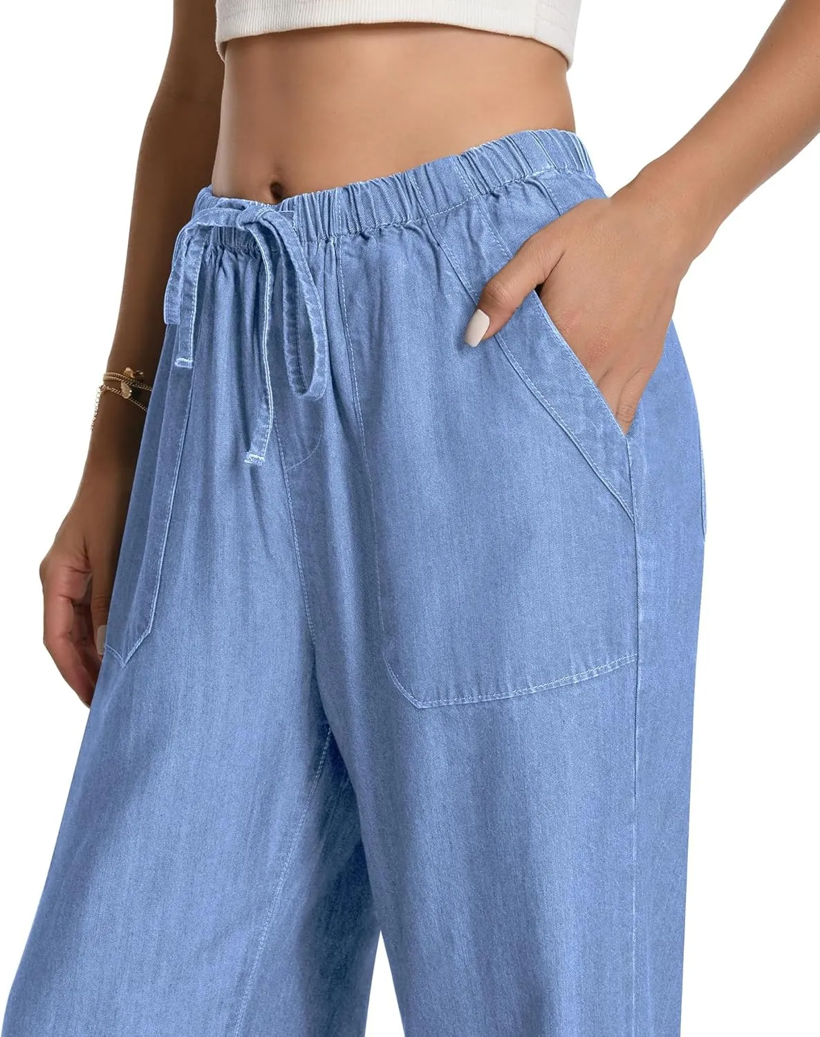 Women's Drawstring High Waisted Wide Leg Jeans Loose Fit Casual Denim Pants
