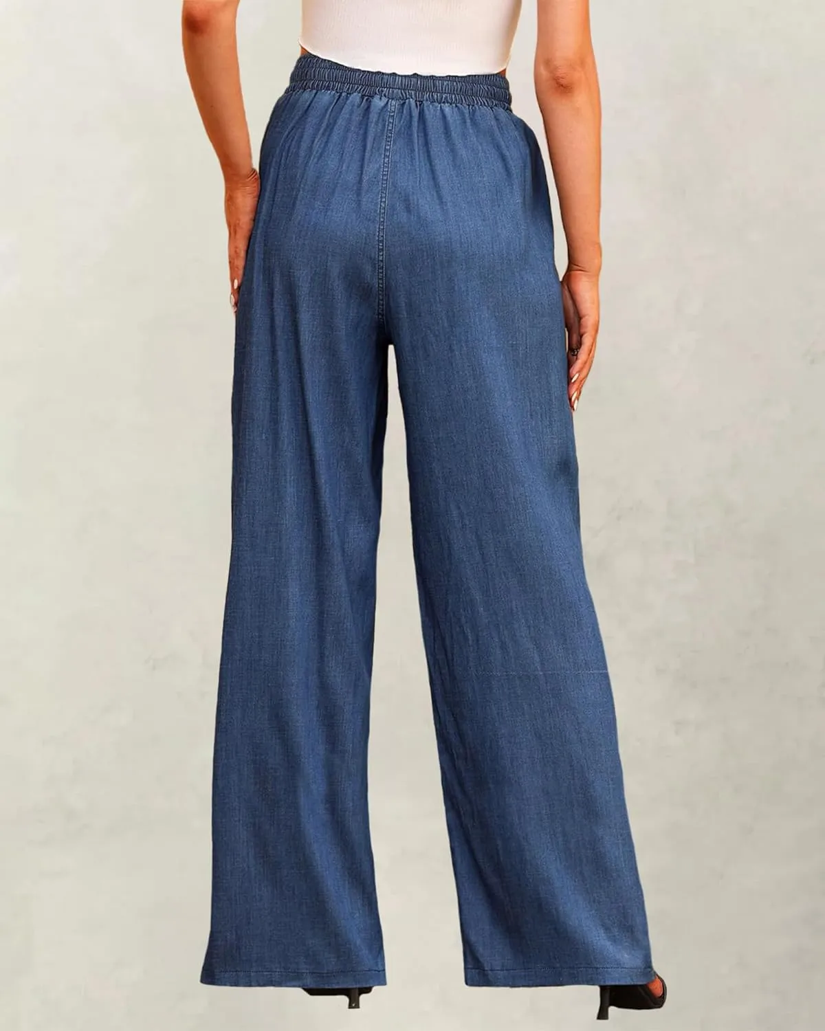 Women's Drawstring High Waisted Wide Leg Jeans Loose Fit Casual Denim Pants