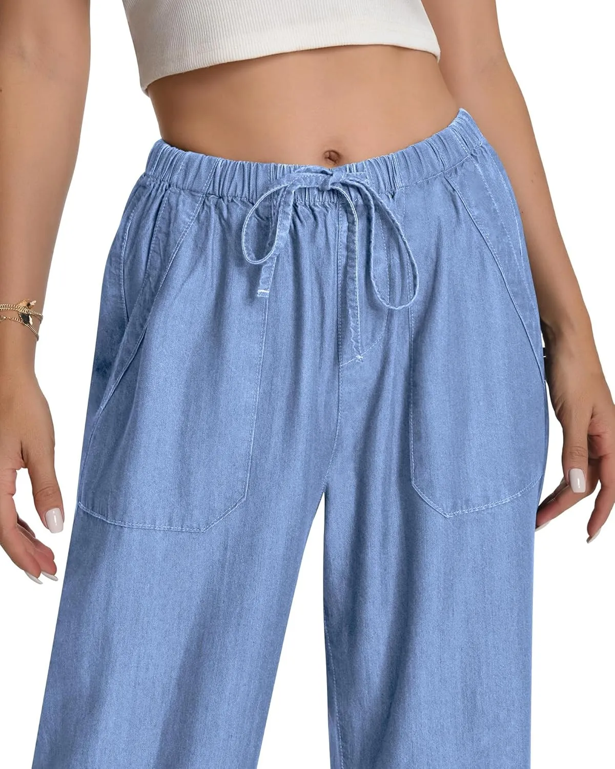 Women's Drawstring High Waisted Wide Leg Jeans Loose Fit Casual Denim Pants