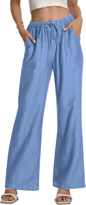 Women's Drawstring High Waisted Wide Leg Jeans Loose Fit Casual Denim Pants