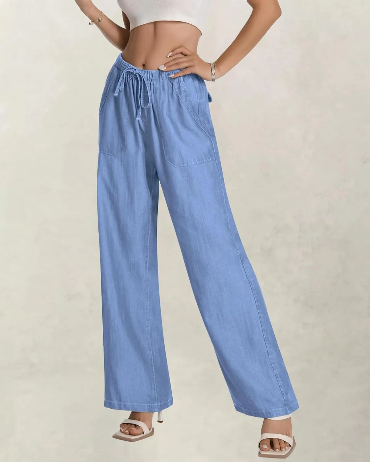 Women's Drawstring High Waisted Wide Leg Jeans Loose Fit Casual Denim Pants