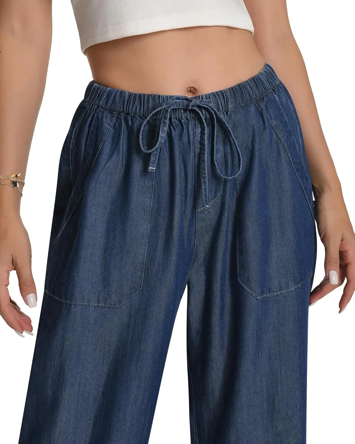 Women's Drawstring High Waisted Wide Leg Jeans Loose Fit Casual Denim Pants