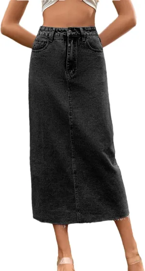 Women's Frayed Hem 5-Pocket Denim Skirts High Waisted Classic Button Down Jeans Midi Skirts
