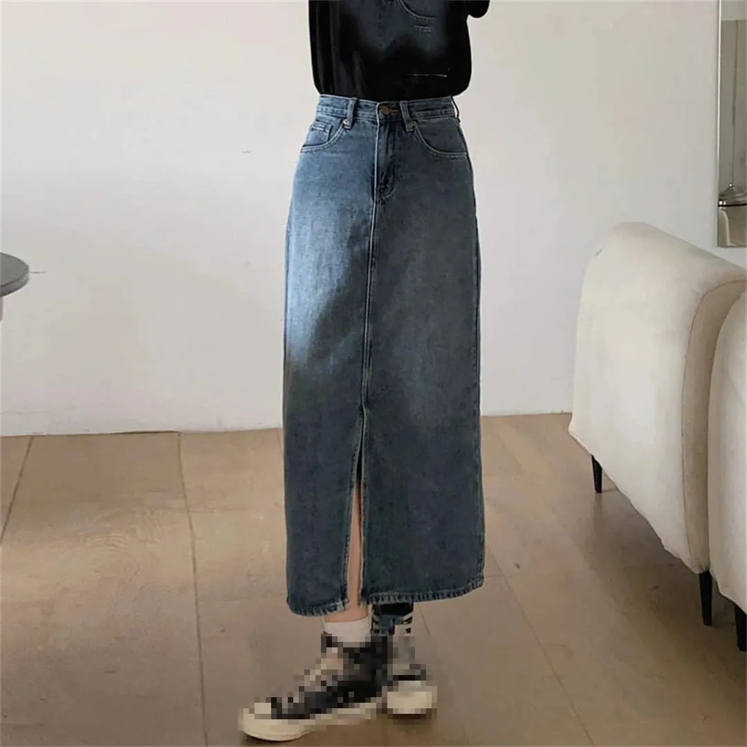 Women's Front Slit High Waisted Denim Skirt with 5 Pockets, Vintage Distressed Washed Jeans Skirt