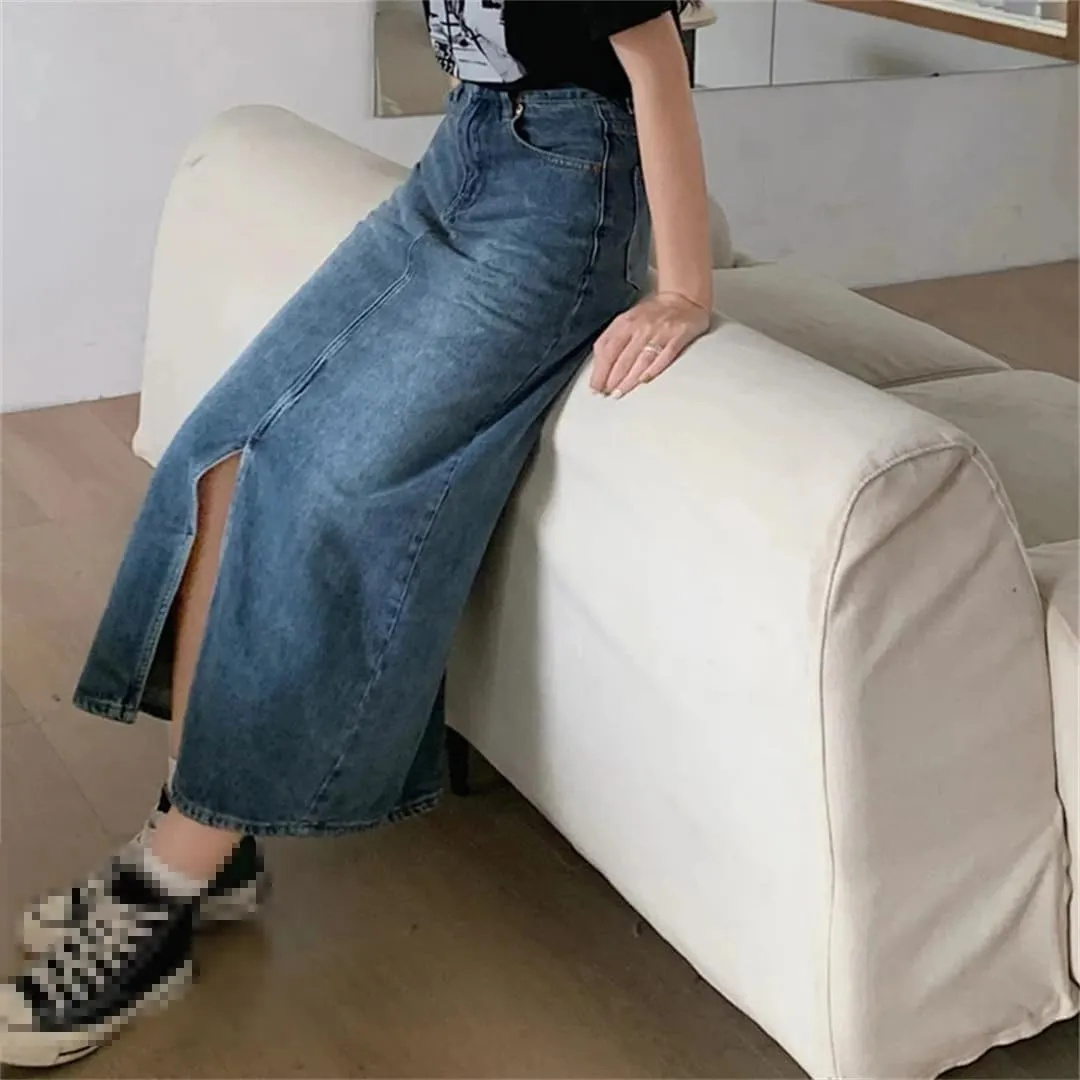 Women's Front Slit High Waisted Denim Skirt with 5 Pockets, Vintage Distressed Washed Jeans Skirt