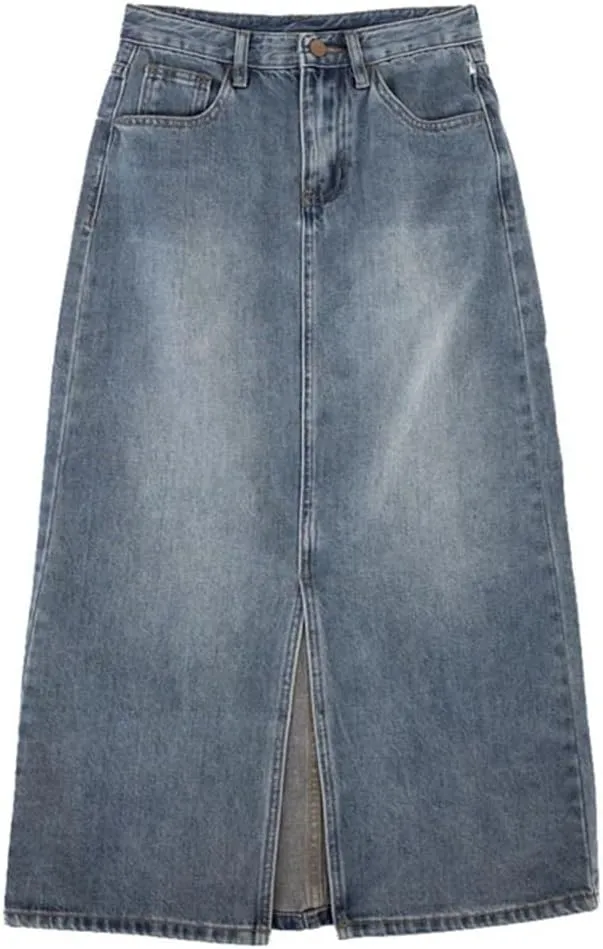 Women's Front Slit High Waisted Denim Skirt with 5 Pockets, Vintage Distressed Washed Jeans Skirt