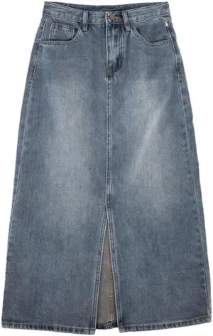 Women's Front Slit High Waisted Denim Skirt with 5 Pockets, Vintage Distressed Washed Jeans Skirt