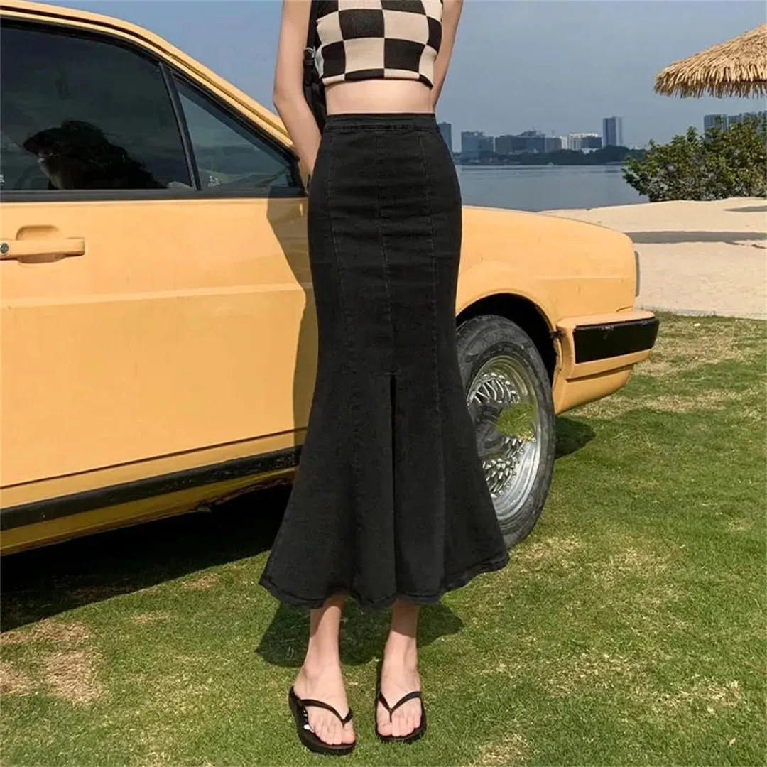 Women's Front Slit Wrap Hip Bodycon Denim Skirts with Pockets High Waisted Back Zipper Ruffles Midi Skirts