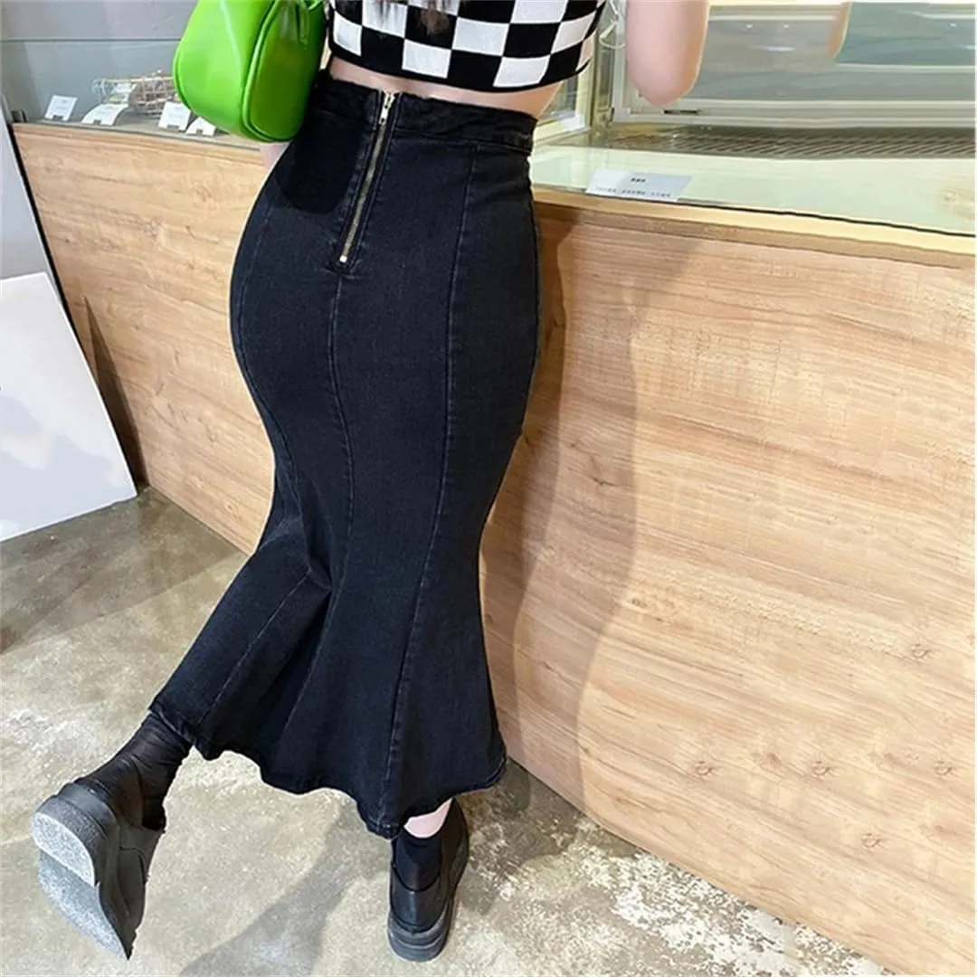 Women's Front Slit Wrap Hip Bodycon Denim Skirts with Pockets High Waisted Back Zipper Ruffles Midi Skirts