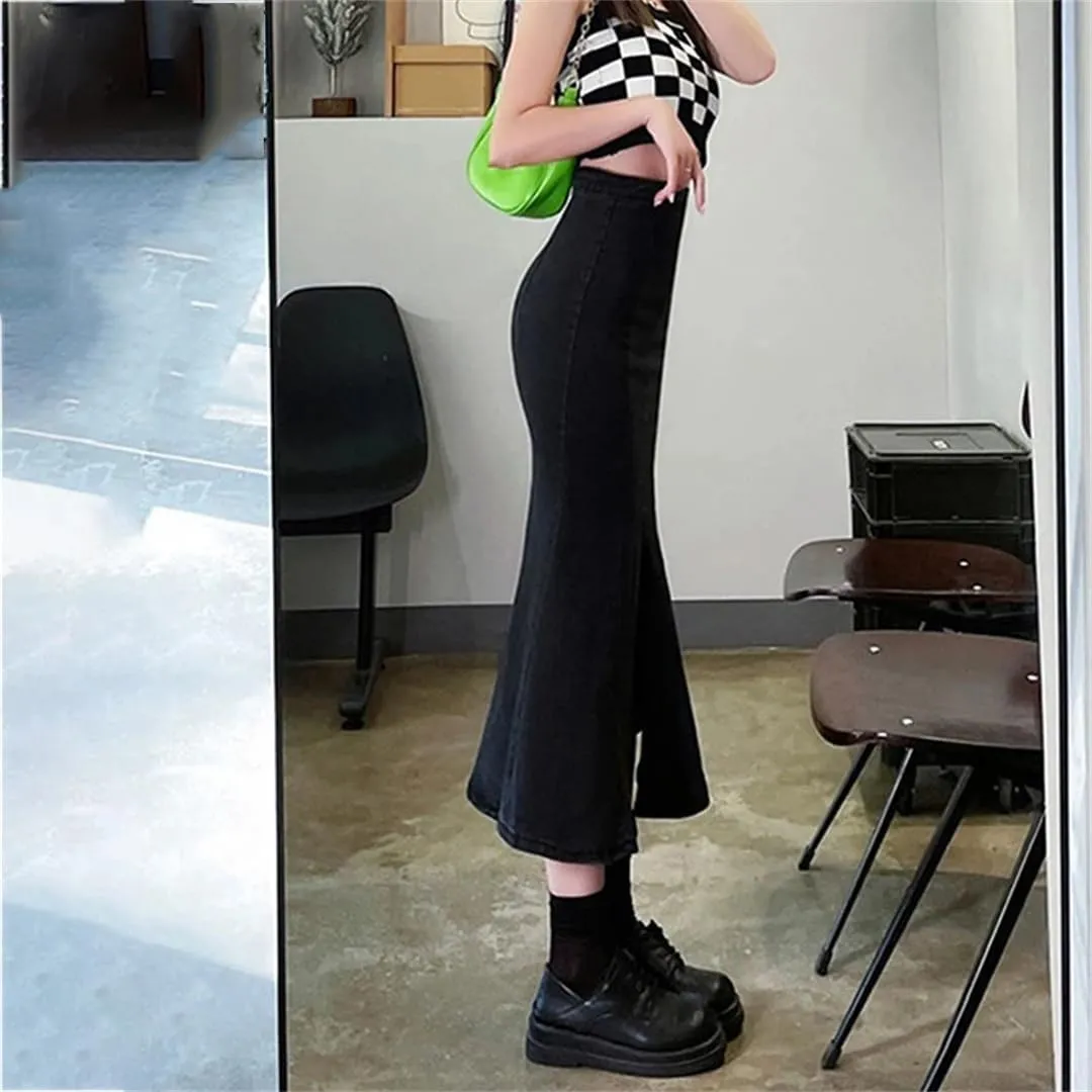 Women's Front Slit Wrap Hip Bodycon Denim Skirts with Pockets High Waisted Back Zipper Ruffles Midi Skirts