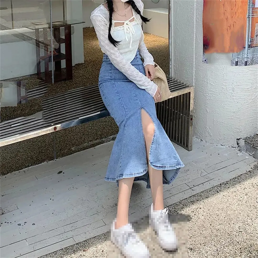 Women's Front Slit Wrap Hip Bodycon Denim Skirts with Pockets High Waisted Back Zipper Ruffles Midi Skirts