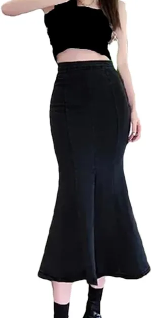 Women's Front Slit Wrap Hip Bodycon Denim Skirts with Pockets High Waisted Back Zipper Ruffles Midi Skirts