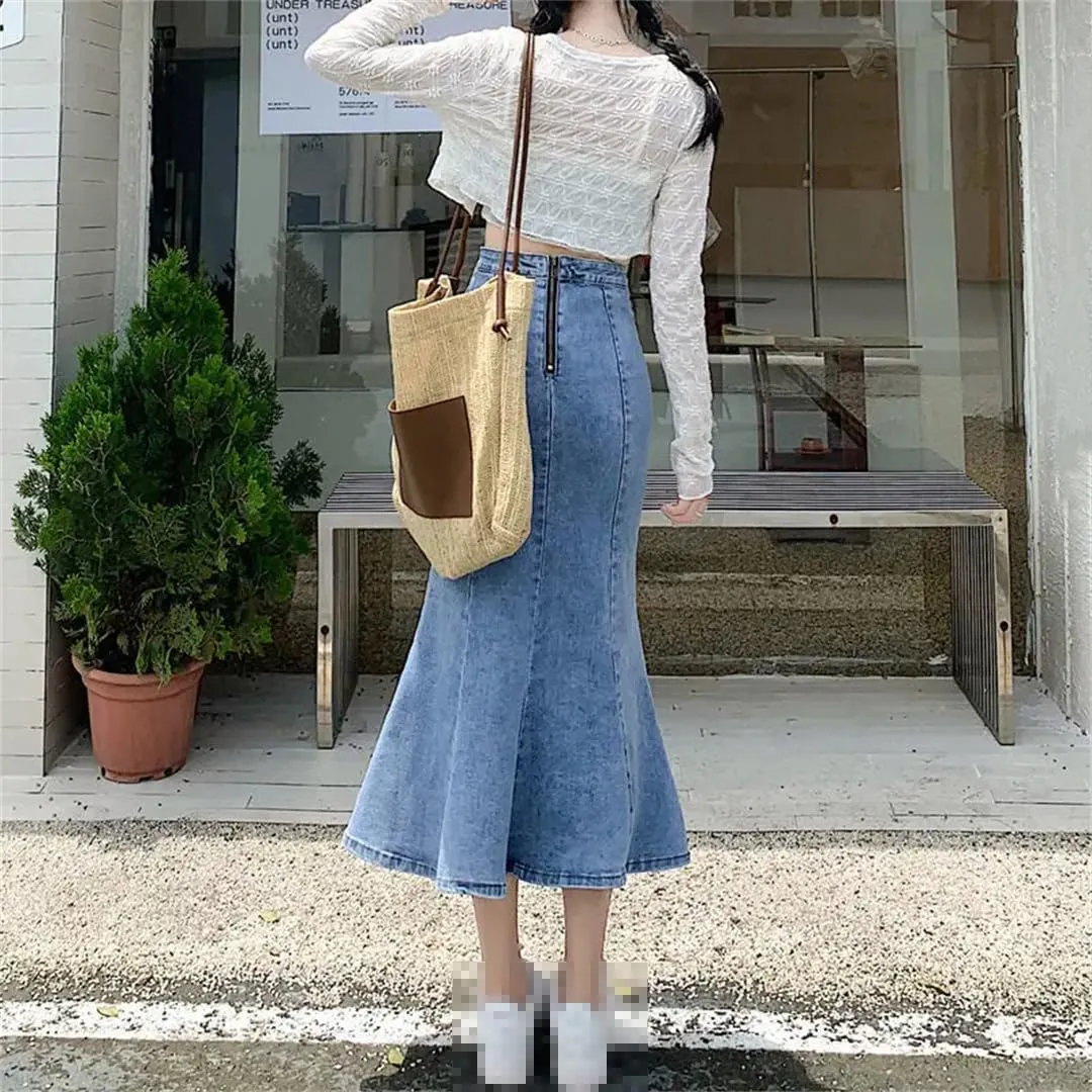 Women's Front Slit Wrap Hip Bodycon Denim Skirts with Pockets High Waisted Back Zipper Ruffles Midi Skirts