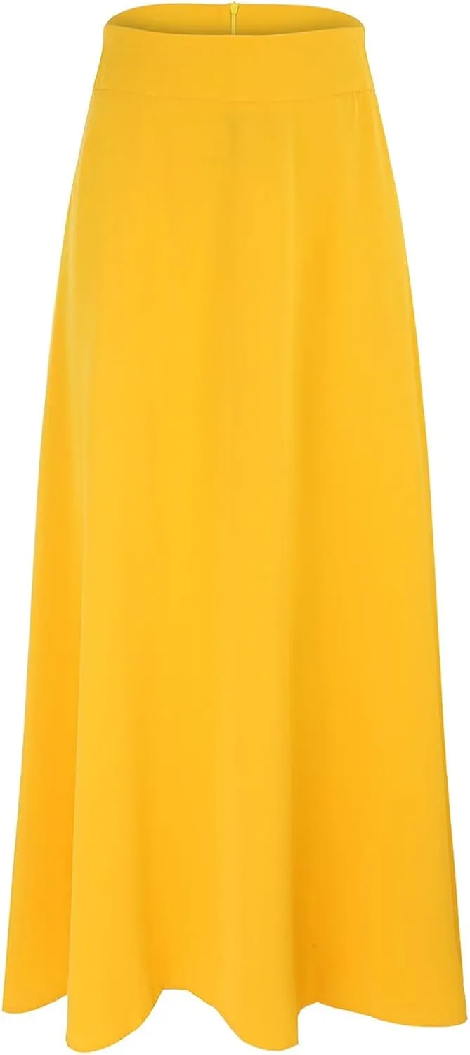 Womens High Elastic Waist Pleated Party Skirt Midi Swing A-line Skirt Dressy Plain Solid Color Elegant Long Skirts