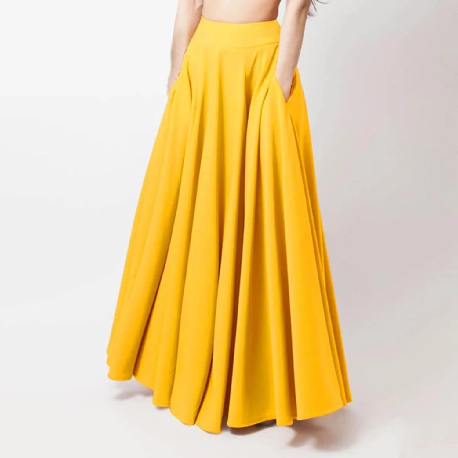Womens High Elastic Waist Pleated Party Skirt Midi Swing A-line Skirt Dressy Plain Solid Color Elegant Long Skirts