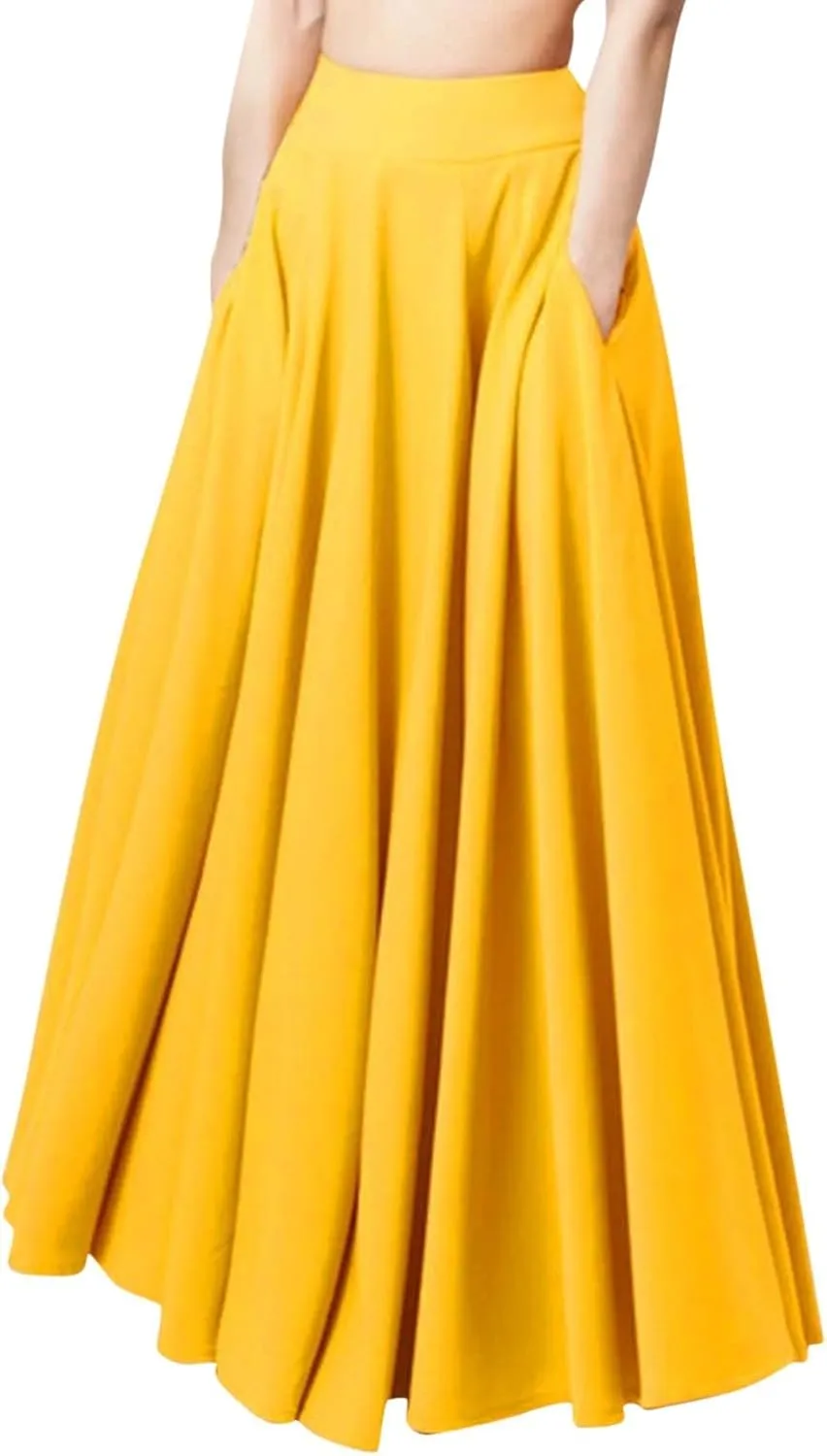 Womens High Elastic Waist Pleated Party Skirt Midi Swing A-line Skirt Dressy Plain Solid Color Elegant Long Skirts