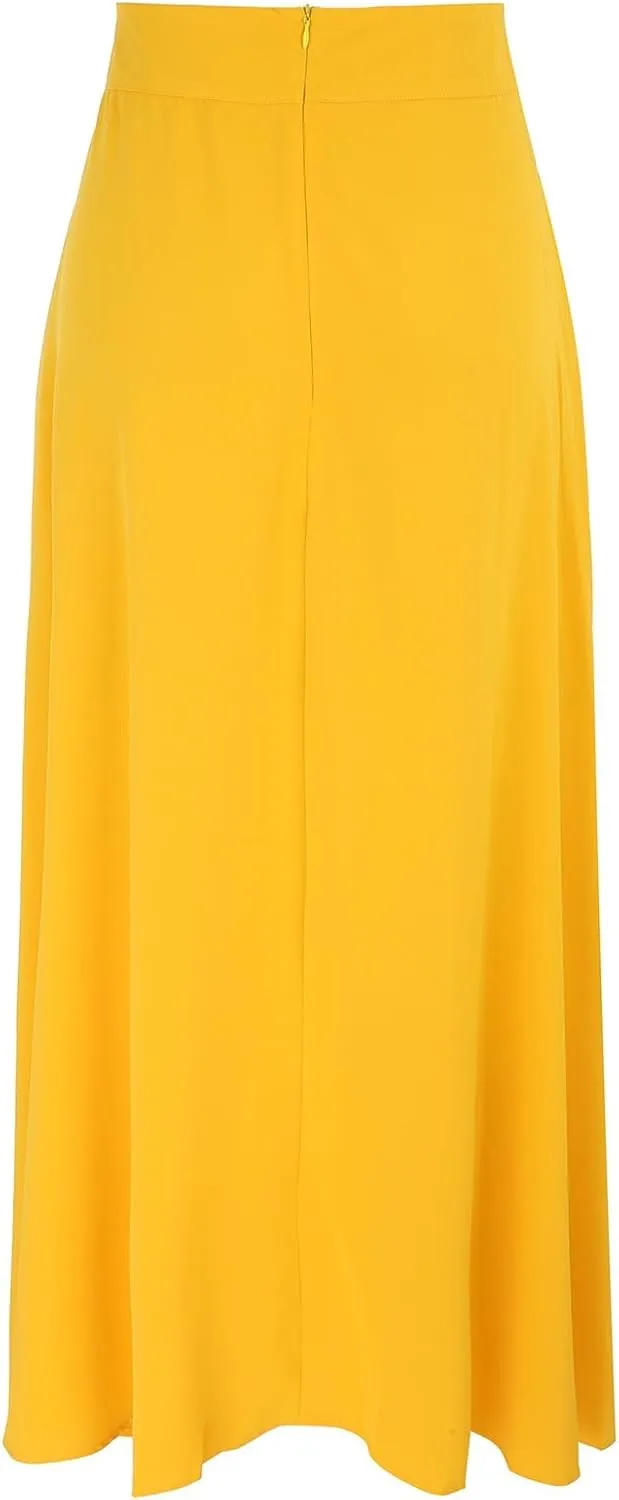 Womens High Elastic Waist Pleated Party Skirt Midi Swing A-line Skirt Dressy Plain Solid Color Elegant Long Skirts
