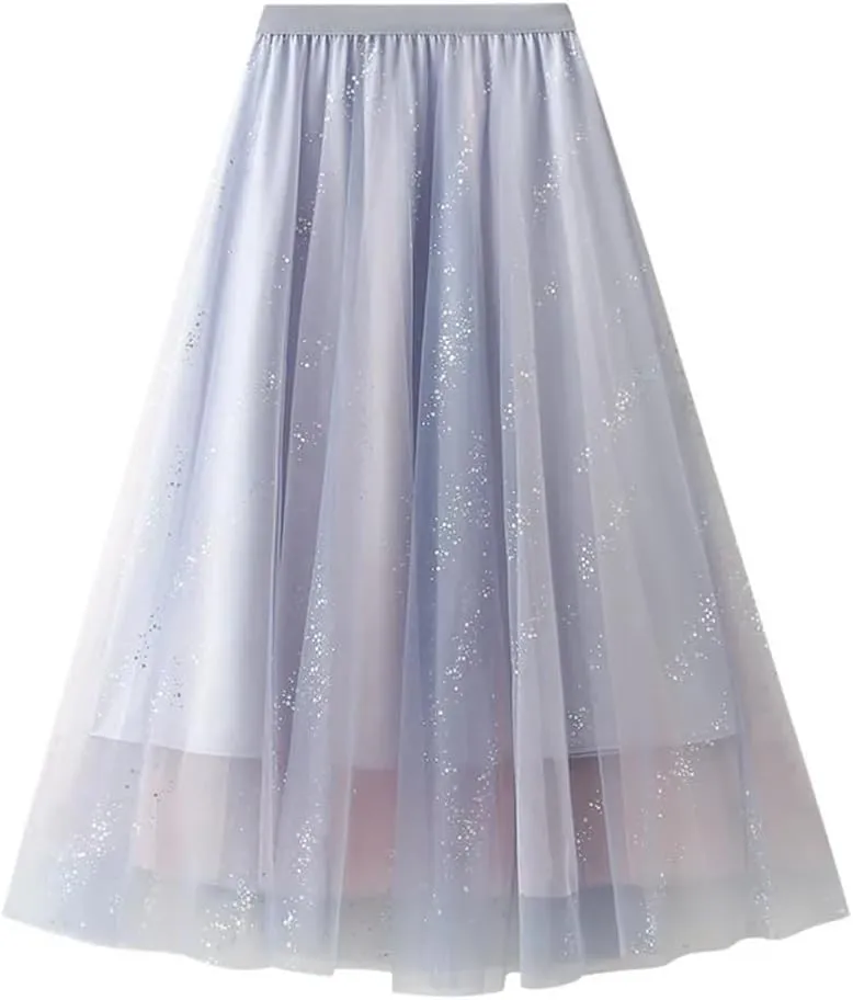 Women's High Waist A-Line Pleated Mesh Midi Skirt