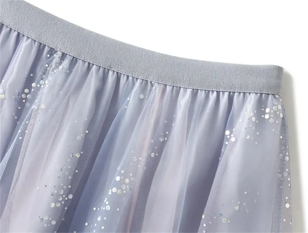 Women's High Waist A-Line Pleated Mesh Midi Skirt
