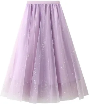 Women's High Waist A-Line Pleated Mesh Midi Skirt