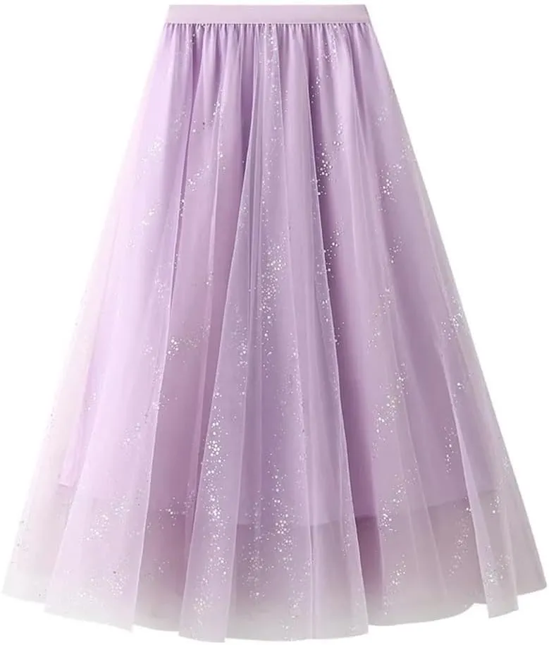 Women's High Waist A-Line Pleated Mesh Midi Skirt