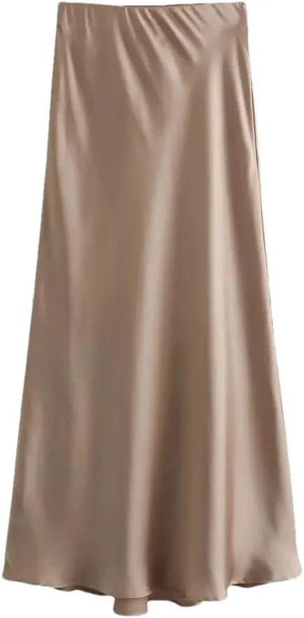 Women's High - Waist A - Line Satin Midi Long Skirt Elegant Slim with Elastic Waist for Casual Wear