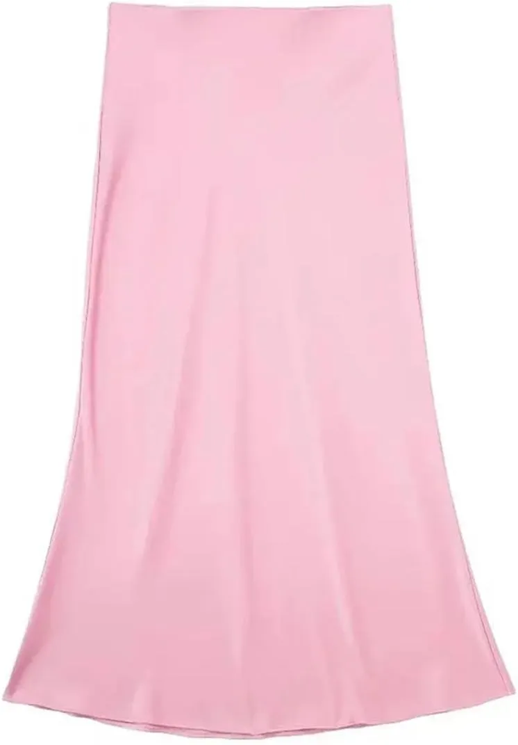 Women's High - Waist A - Line Satin Midi Long Skirt Elegant Slim with Elastic Waist for Casual Wear