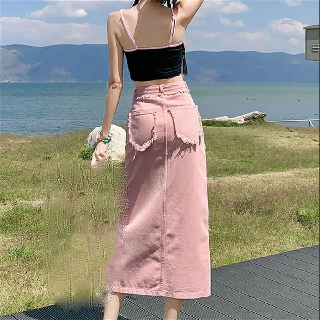 Women's High Waisted Side Slit Midi Skirt with Tassel Slim Fit A-Line Skirts Candy Color Casual Skirts