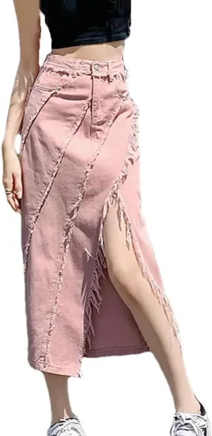 Women's High Waisted Side Slit Midi Skirt with Tassel Slim Fit A-Line Skirts Candy Color Casual Skirts
