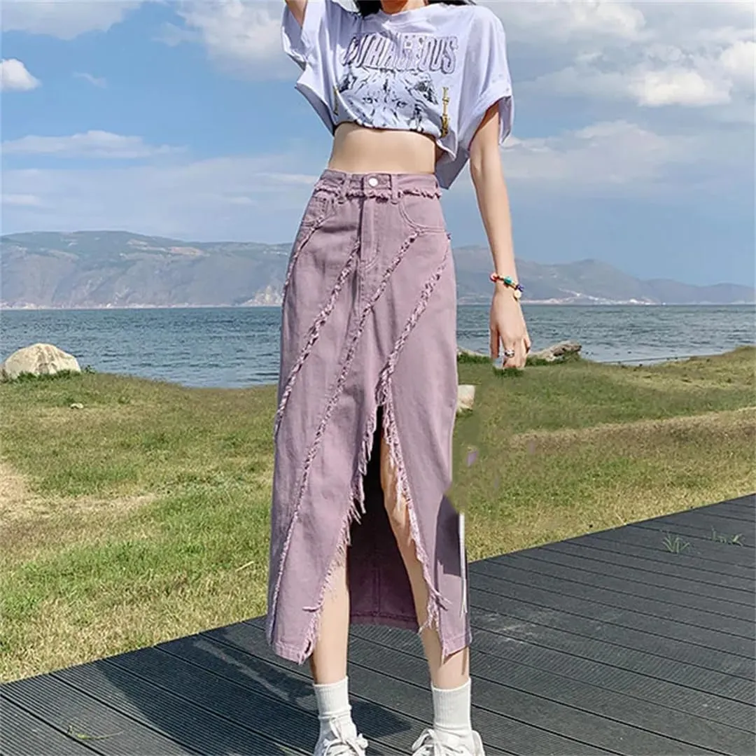 Women's High Waisted Side Slit Midi Skirt with Tassel Slim Fit A-Line Skirts Candy Color Casual Skirts