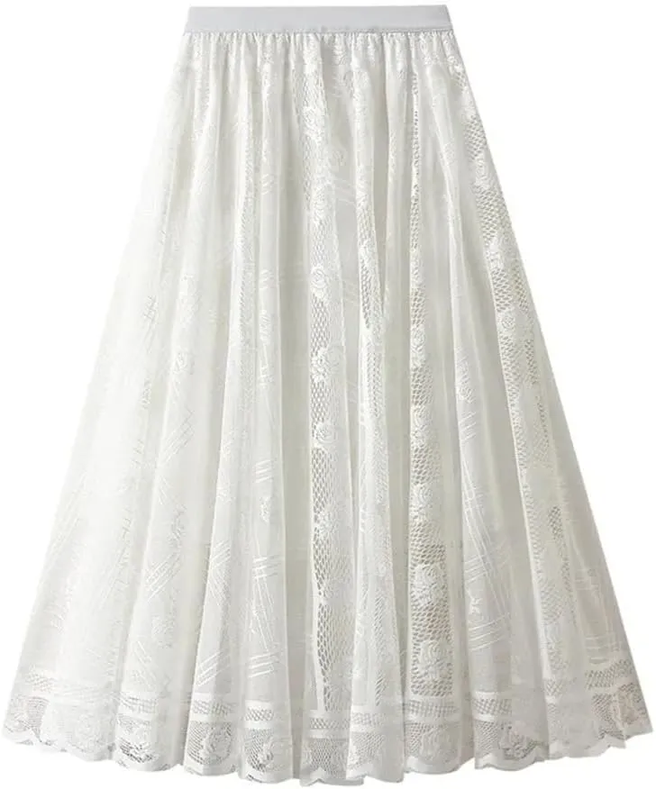 Women's Lace A-Line Pleated Mesh Midi Skirt Spring Medium Length Long Skirt