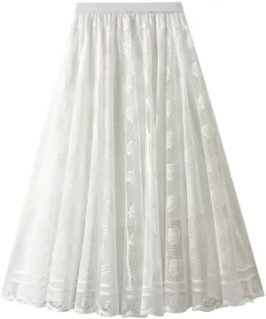 Women's Lace A-Line Pleated Mesh Midi Skirt Spring Medium Length Long Skirt
